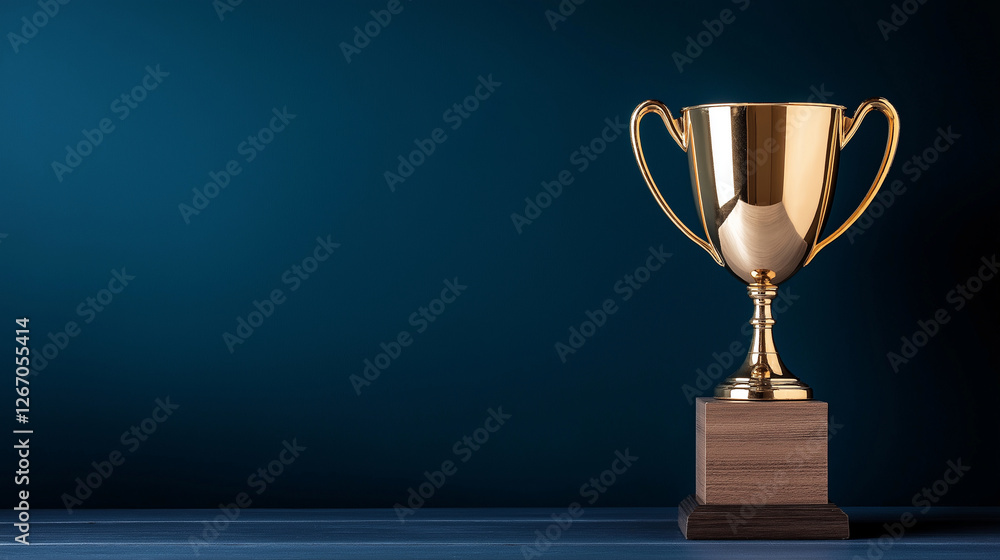 A majestic golden trophy cup with elegantly curved handles, placed on a polished wooden base, glowing warmly against a rich, dark blue gradient background. A majestic golden trophy cup with elegantly curved handles, placed on a polished wooden base, glowing warmly against a rich, dark blue gradient background.