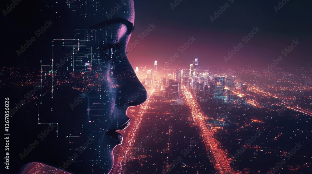 Fototapeta premium A visionary CEO face with real-time AI analytics, futuristic city lights, and virtual business networking effects.