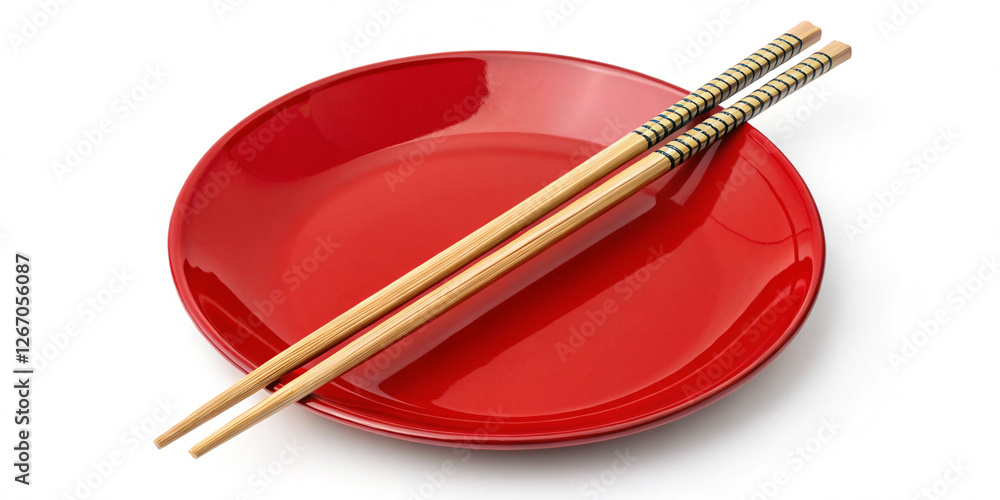 A Stylish Red Plate with Chinese Sticks Isolated on a Clean Background for Asian Dishes A Stylish Red Plate with Chinese Sticks Isolated on a Clean Background for Asian Dishes