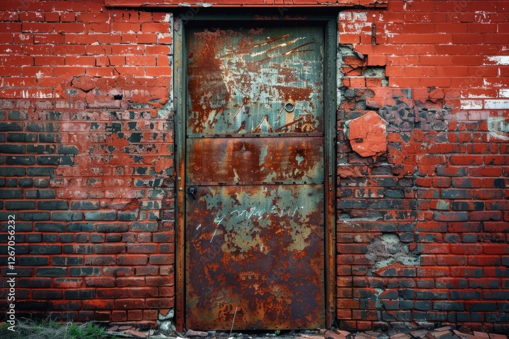 Naklejka premium Photo of Red brick wall with old rustic weathered door in european city. Texture for background usage