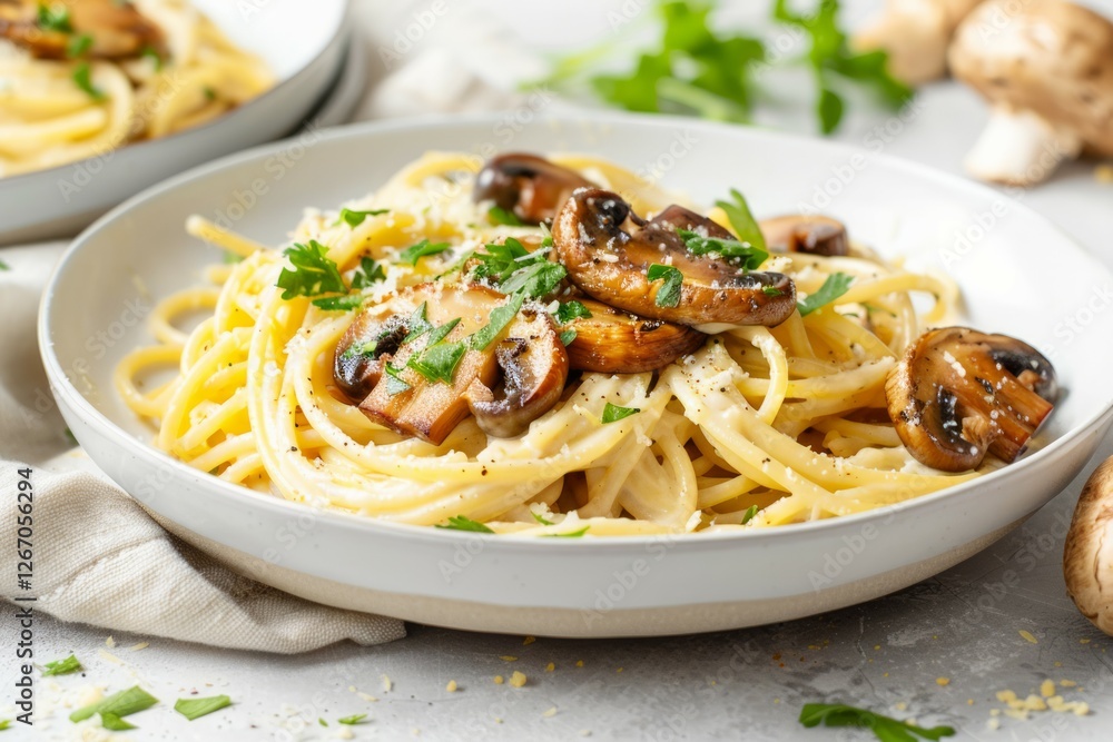Creamy mushroom spaghetti in white bowl on textured surface. AI generated Creamy mushroom spaghetti in white bowl on textured surface. AI generated