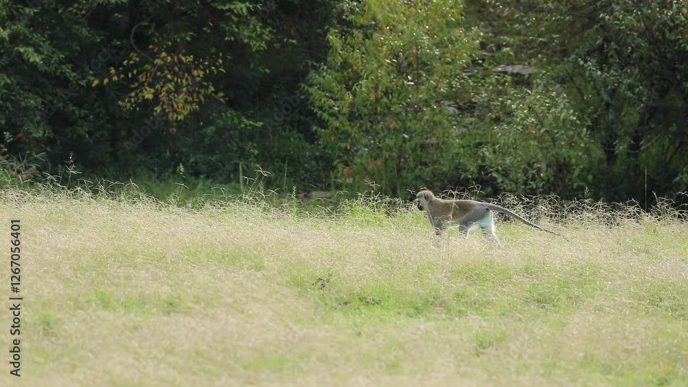 Vervet monkey walks across savannah and climbs tree Vervet monkey walks across savannah and climbs tree