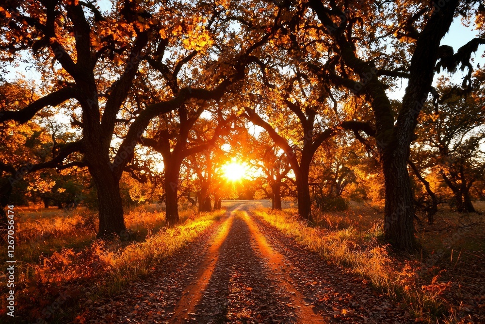 Fototapeta premium Sunny autumn path with trees, leaves, and vibrant sunset in background