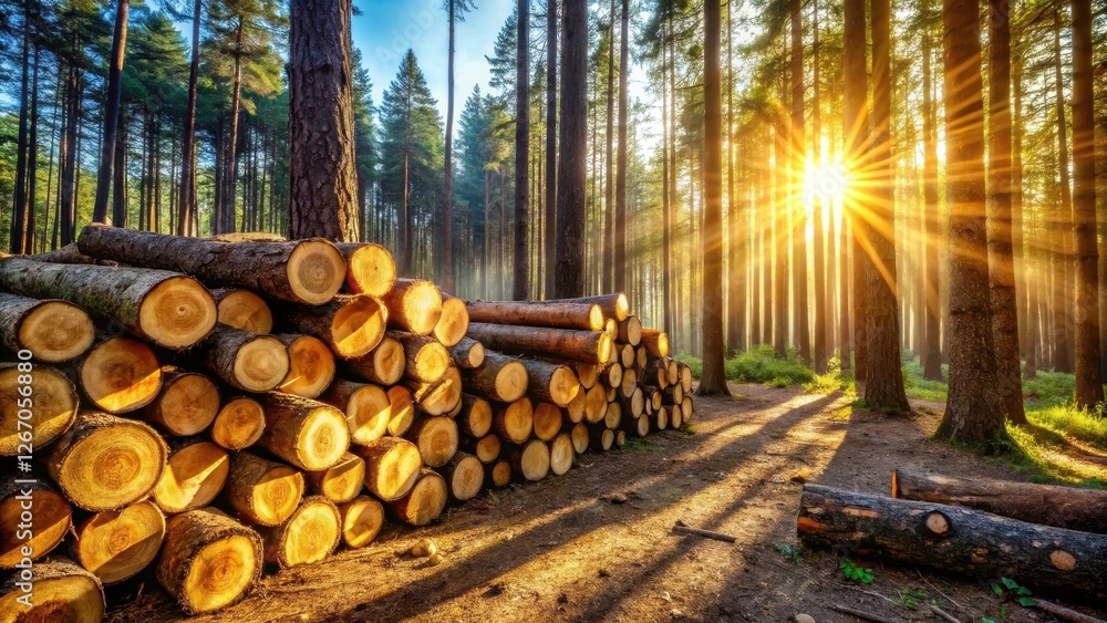 Golden Sunlight Illuminates Stacked Logs in a Serene Forest at Dawn Golden Sunlight Illuminates Stacked Logs in a Serene Forest at Dawn