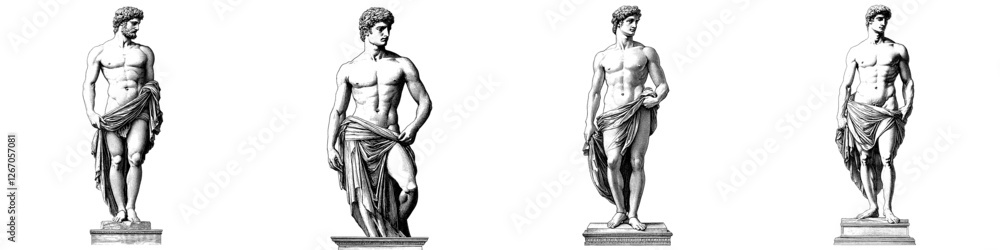 Fototapeta premium Ancient greece statue man, black ink sketch in dotwork vector illustration