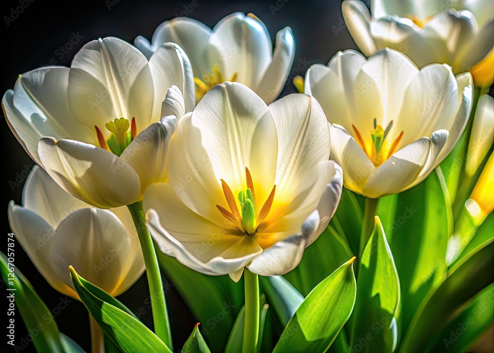 Obraz premium Overhead silhouette of a white tulip, yellow center vibrant against the dark background; a floral study in contrast.