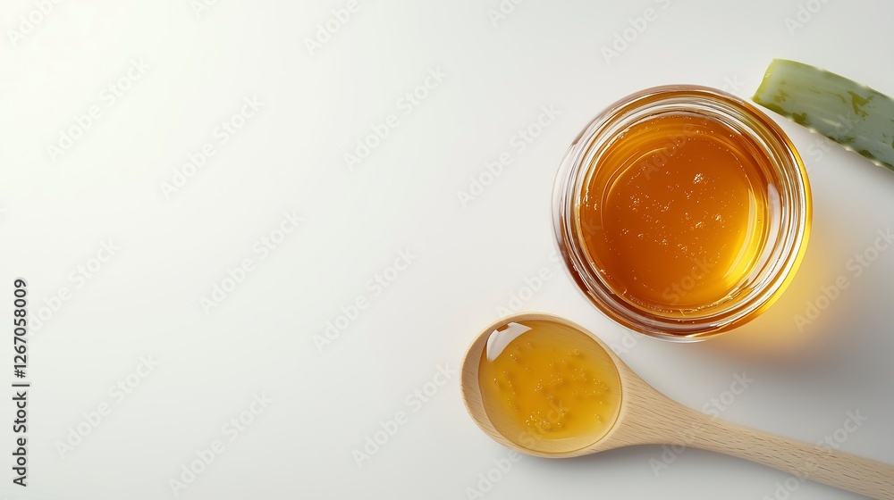 A jar of honey surrounded by mustard seeds, with a wooden dipper, set against a clean, bright background, emphasizing the natural richness and smooth texture of honey Copy space for text A jar of honey surrounded by mustard seeds, with a wooden dipper, set against a clean, bright background, emphasizing the natural richness and smooth texture of honey Copy space for text