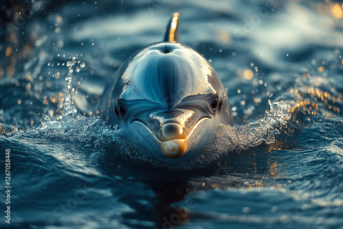 Dolphin emerges from water, close-up showcasing marine grace and ocean's elegance photo