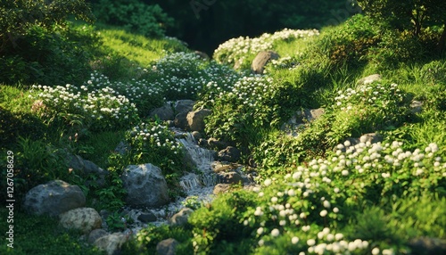 Peaceful water flows through stone, grass, and white flower garden scene