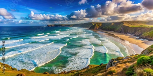 Porthtowan Beach, Cornwall: Breathtaking coastal panorama; dramatic waves, quintessential UK scene. photo