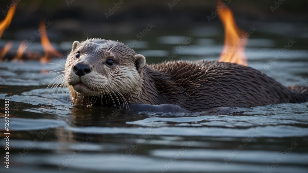 An otter swimming in water with flames in the background, creating a striking contrast. An otter swimming in water with flames in the background, creating a striking contrast.