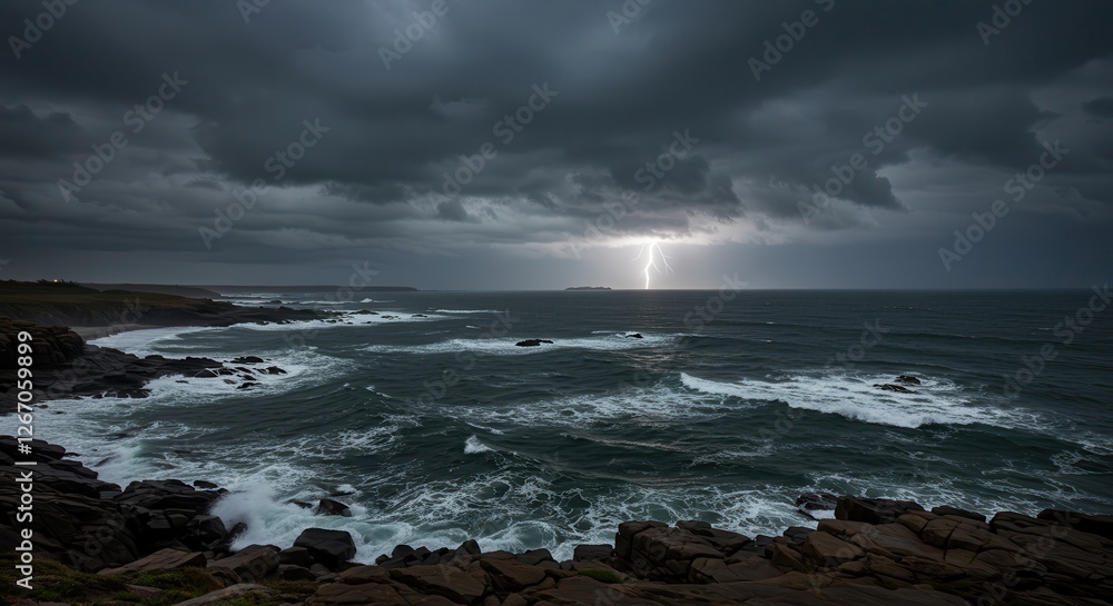 Coastal Lightning Storm Over Dark Ocean Waters with Rocky Shoreline Coastal Lightning Storm Over Dark Ocean Waters with Rocky Shoreline