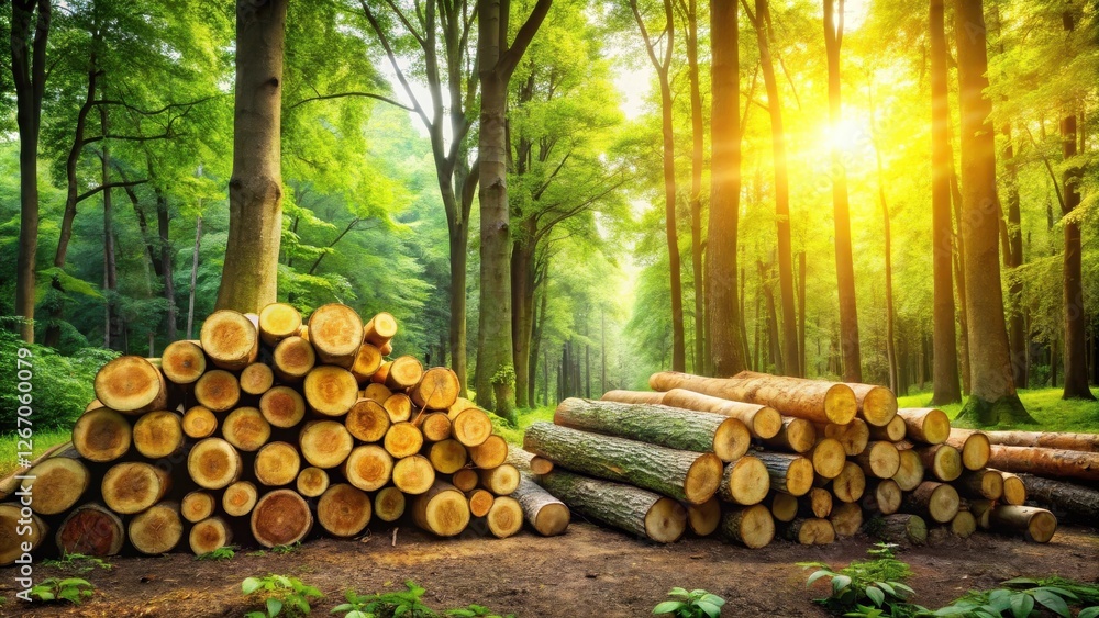 Sunlit Forest with Stacked Logs A Serene Scene of Nature's Resources Sunlit Forest with Stacked Logs A Serene Scene of Nature's Resources