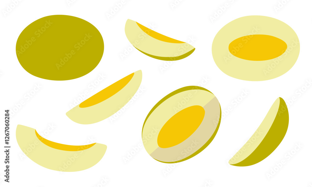 Set of abstract vector melon. Whole, half and sliced fruit. Vibrant design in a modern, minimal style for textiles, packaging, poster, interior. Set of abstract vector melon. Whole, half and sliced fruit. Vibrant design in a modern, minimal style for textiles, packaging, poster, interior.