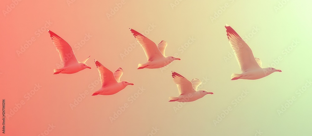 Fototapeta premium Five gulls fly sunset sky, pastel