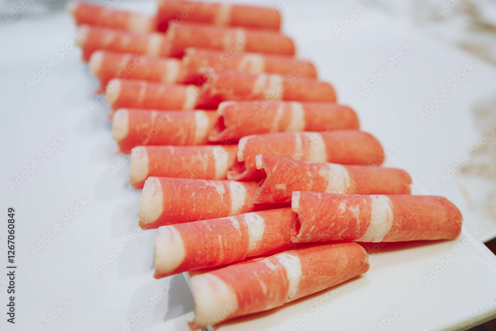 A closeup view of a tray of raw thinly sliced beef