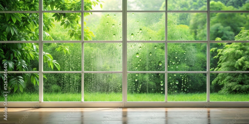 Serene Rainy Day View from a Window with Lush Green Foliage and a Wooden Floor
