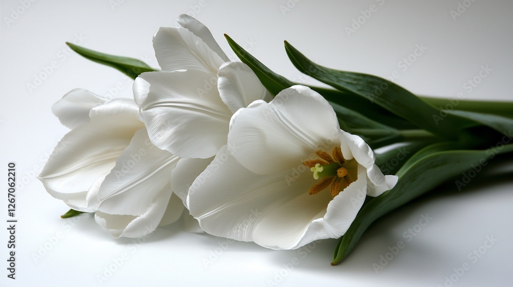 Fototapeta premium Cluster of White Tulips Isolated on White Background with Green Stems