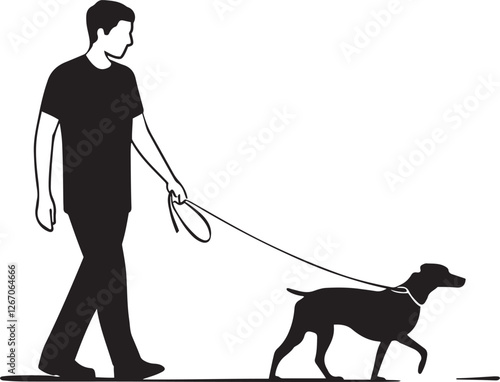 Silhouette of a Person Walking a Dog on a Leash Outdoors