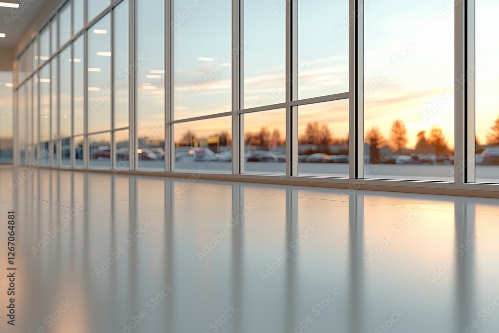 Fototapeta premium A spacious, modern showroom with floor-to-ceiling glass walls reflecting the warm hues of a sunset. 