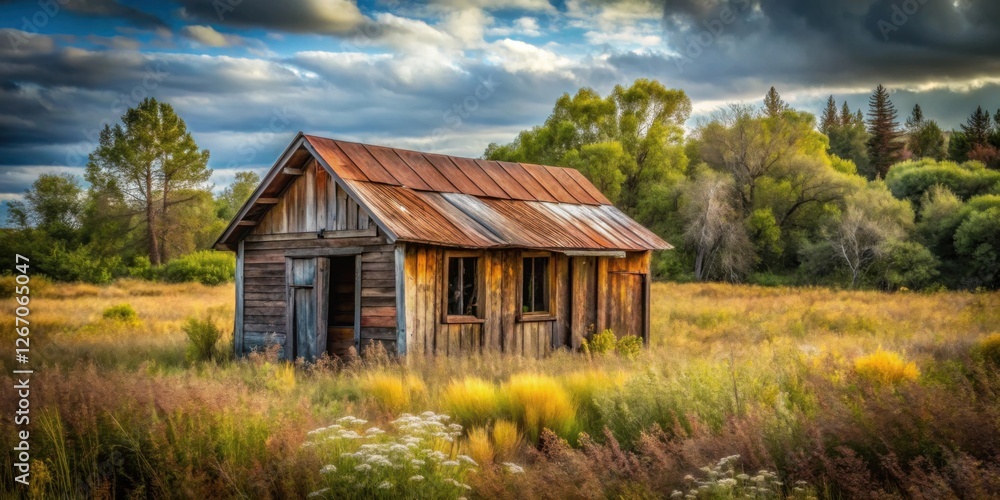 Rustic Wooden Cabin in a Serene Meadow Under a Dramatic Sky Rustic Wooden Cabin in a Serene Meadow Under a Dramatic Sky