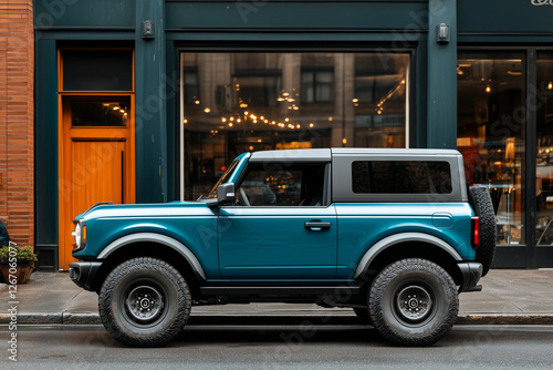 A modern blue off-road SUV with rugged tires and a hardtop roof is parked on a city street in front of a stylish storefront. 