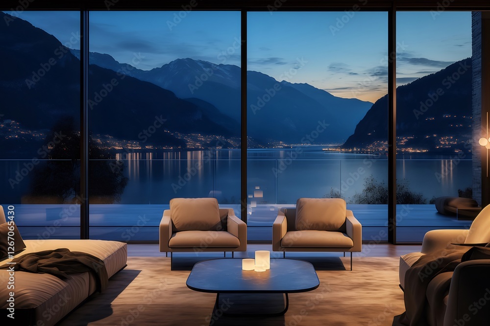 Luxury Lake View Living Room Dusk Luxury Lake View Living Room Dusk