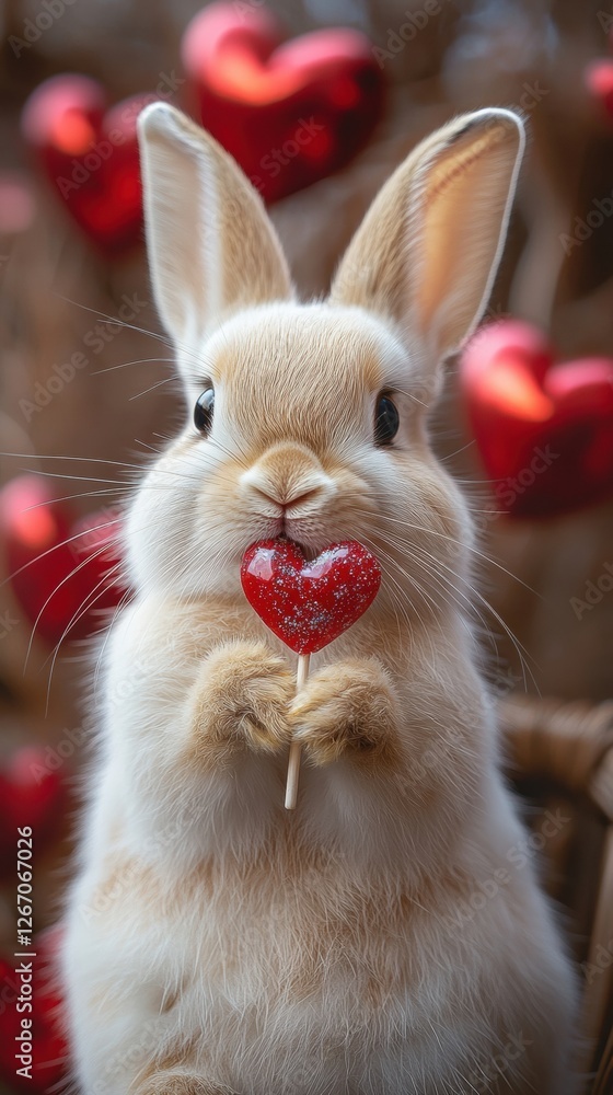 Fototapeta premium Cute rabbit holding heart-shaped lollipop surrounded by red hearts in a festive setting indoors. Generative AI
