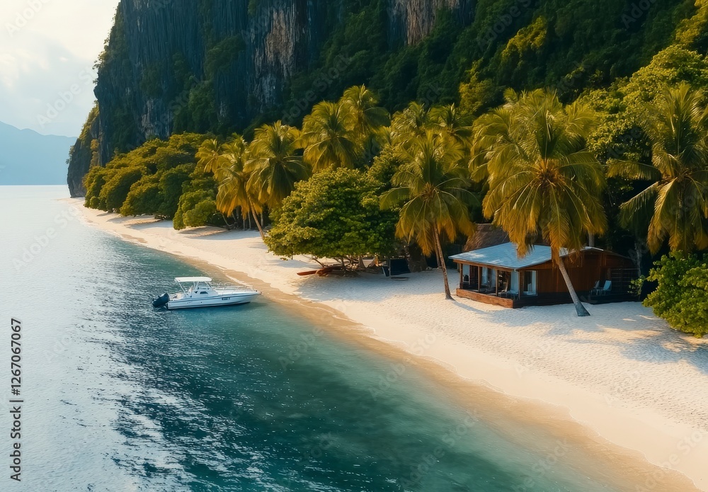 Obraz premium Serene Tropical Beach with Lush Palm Trees and Sailboat on Calm Waters at Sunset