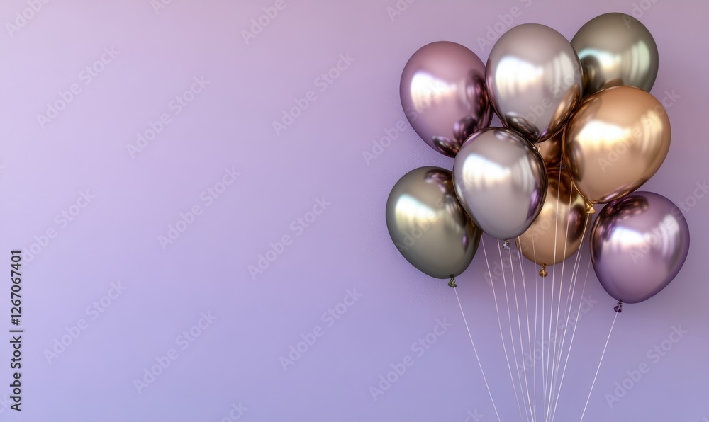 A cluster of shiny balloons in soft pastel colors against a smooth lavender background A cluster of shiny balloons in soft pastel colors against a smooth lavender background