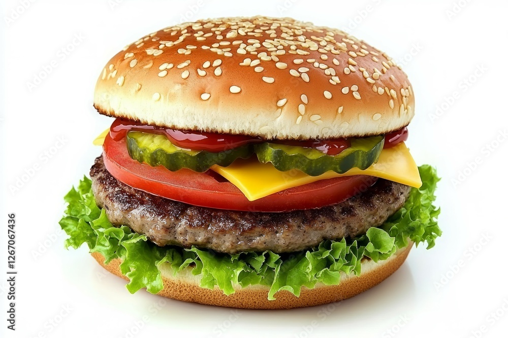 Cheeseburger on white background with lettuce and tomato. Artificial Intelligence Cheeseburger on white background with lettuce and tomato. Artificial Intelligence