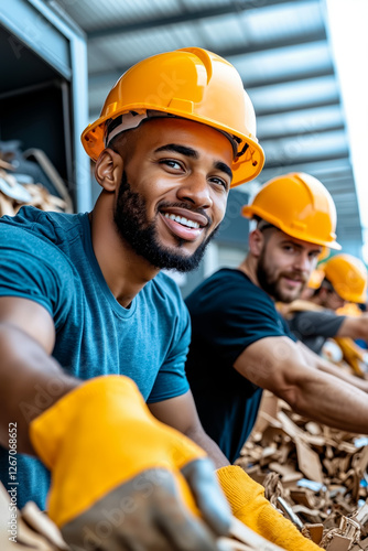 A group of construction workers wearing hard hats and gloves