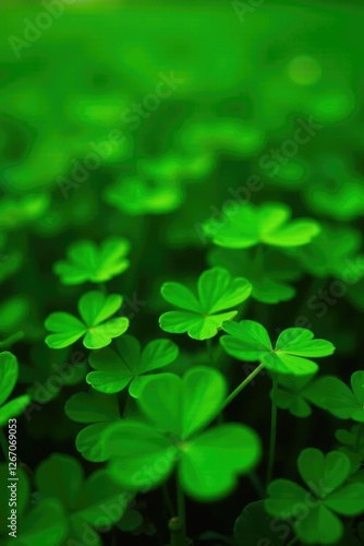 A field of lush green shamrocks with a few scattered four leaf clovers, greenery, field