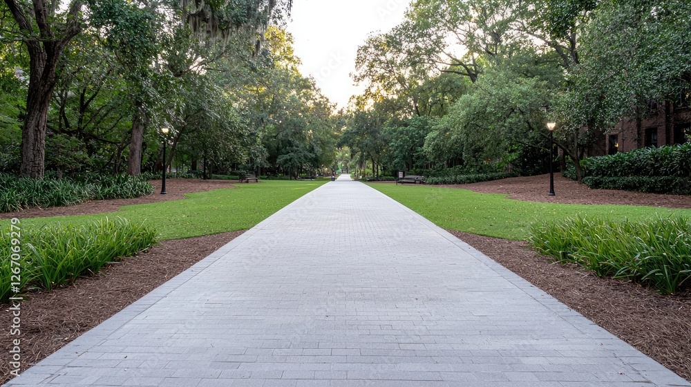 Fototapeta premium Park Pathway on a Sunny Morning; Peaceful Campus Setting; Ideal for Stock Use