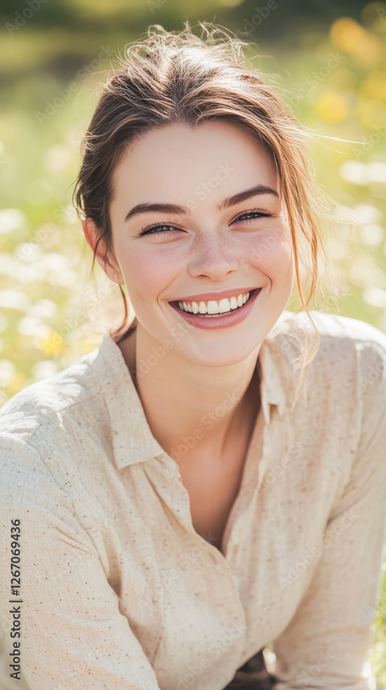 Young successful Caucasian white woman 20s, long hair outside sunny day smiling, recent college graduate early career recruitment job candidate business Young successful Caucasian white woman 20s, long hair outside sunny day smiling, recent college graduate early career recruitment job candidate business