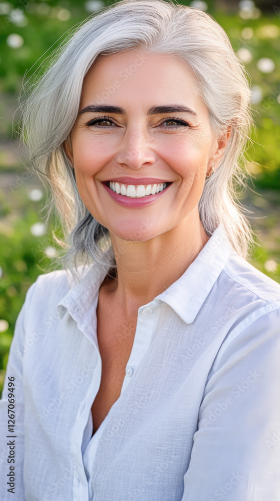 Mature elegant woman 50s, tan, grey hair, smile spring summer casual fashion bright day outside, healthy lifestyle, success, early retirement Mature elegant woman 50s, tan, grey hair, smile spring summer casual fashion bright day outside, healthy lifestyle, success, early retirement