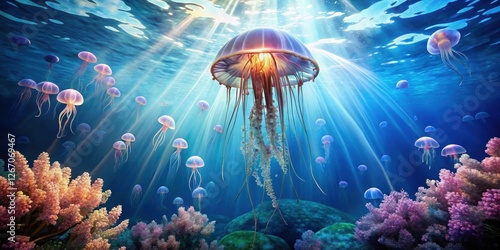 Sunlit Ocean Depths A Majestic Jellyfish and its Colony Gracefully Drift Among Vibrant Coral Reefs photo