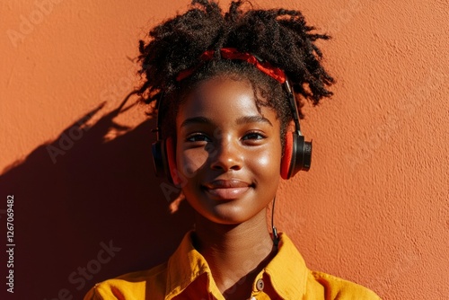 Wallpaper Mural Girl listening music with headphones against a warm orange background Torontodigital.ca