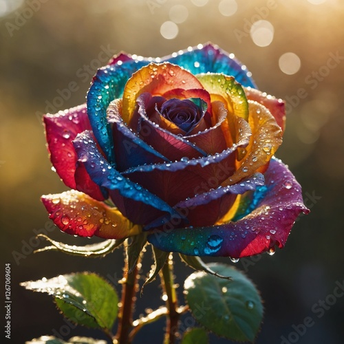 A beautiful rainbow crystal rose with fresh water drops under golden sunlight.