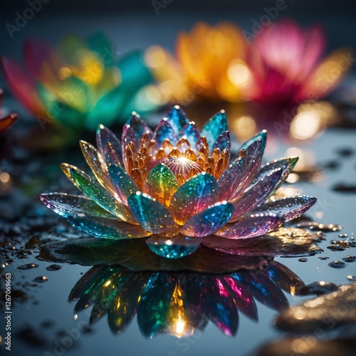 A radiant glass-like crystal lotus with tiny water beads, reflecting rainbow colors.