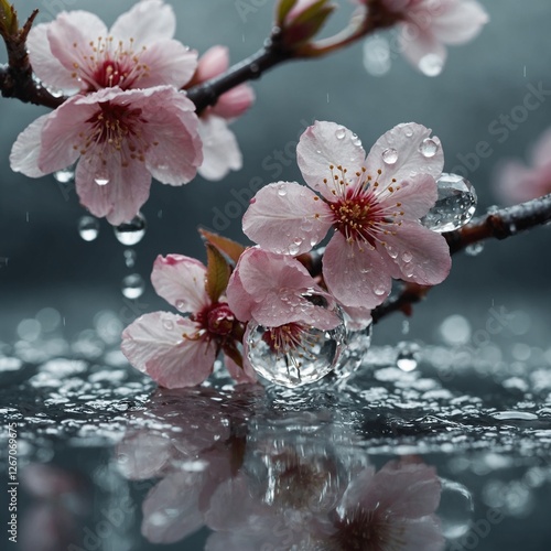 A delicate diamond-like crystal cherry blossom with misty water droplets.