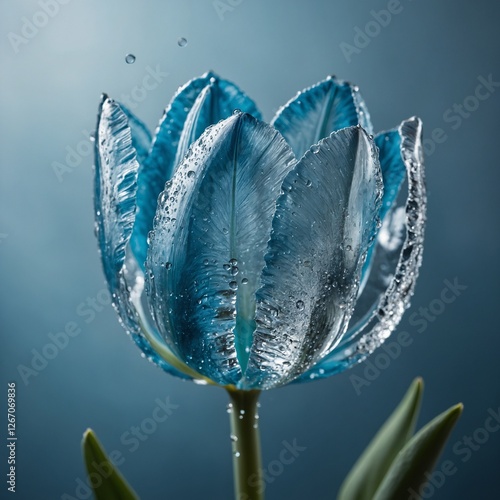 A transparent ice-blue crystal tulip with soft, sparkling water drops.
