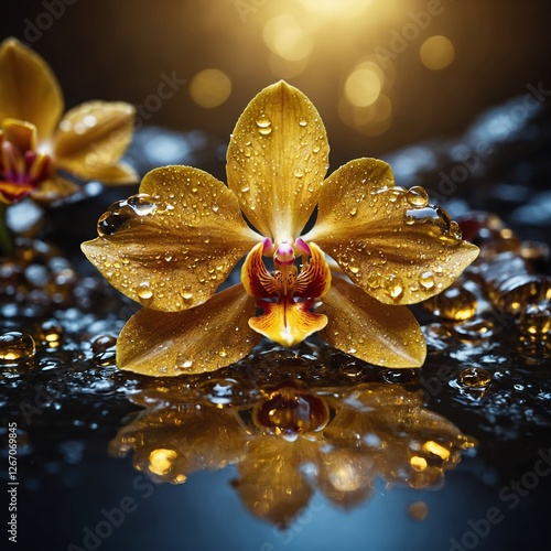 A magical golden crystal orchid with glowing water beads on its smooth surface.