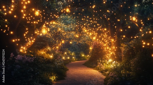 Enchanted Forest Path: A Nighttime Stroll Through a Magical Garden
