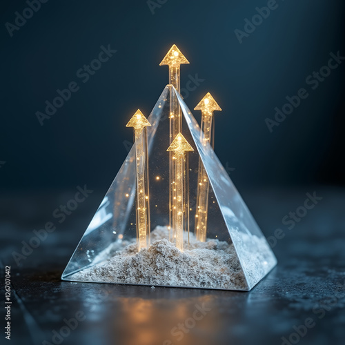  elegant crystal pyramid with glowing financial arrows