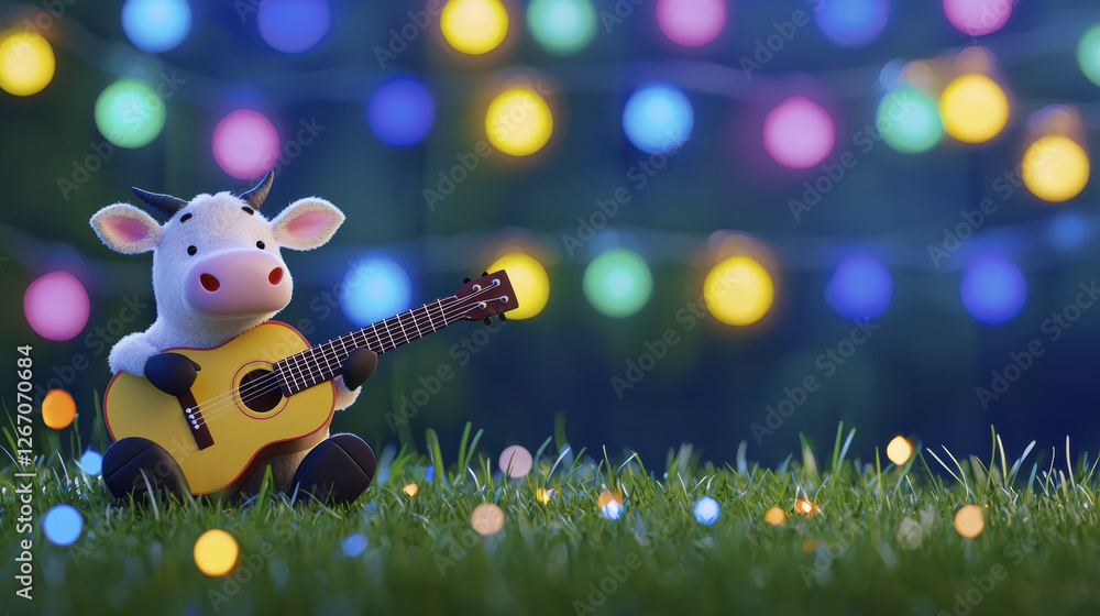 Fototapeta premium cartoon cow playing guitar in colorful light setting, creating joyful atmosphere