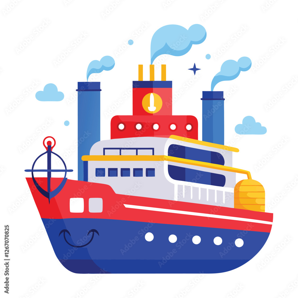 Obraz premium ship in the sea Commercial fishing boat side view isolated icon. Sea or ocean transportation, marine ship for industrial seafood production vector illustration in flat style