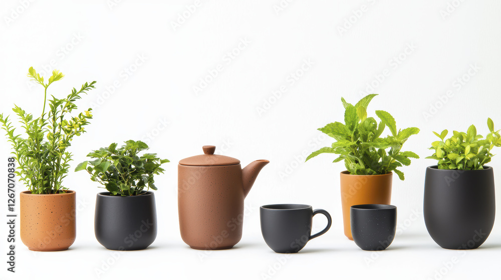 Fototapeta premium collection of modern pots and teapot with various green plants, showcasing minimalist aesthetic