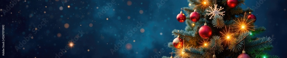 Decorated Christmas tree with sparkling light garland balls and starry night sky, night sky, lights, stars Decorated Christmas tree with sparkling light garland balls and starry night sky, night sky, lights, stars