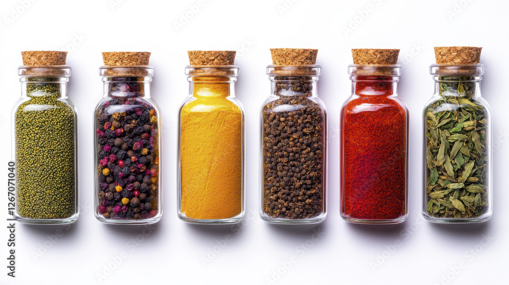 Spice jars arranged in row, showcasing vibrant colors and textures Spice jars arranged in row, showcasing vibrant colors and textures